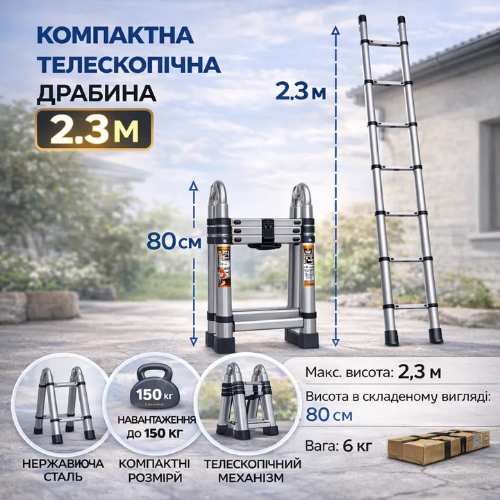 Драбина телескопічна 2.3м, приставна, нержавіюча сталь