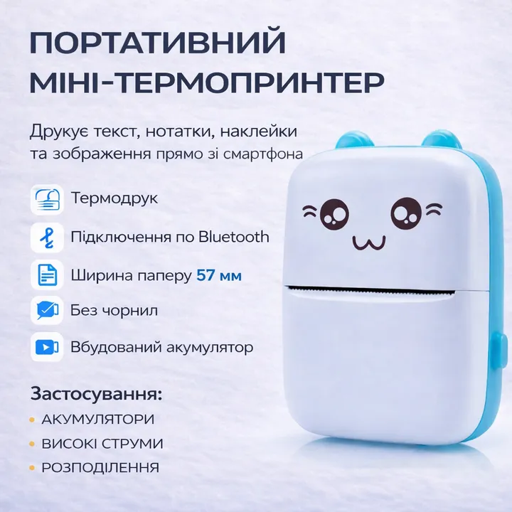 Термопринтер кишеньковий для друку з телефона, Bluetooth, 1000мАг, кольори