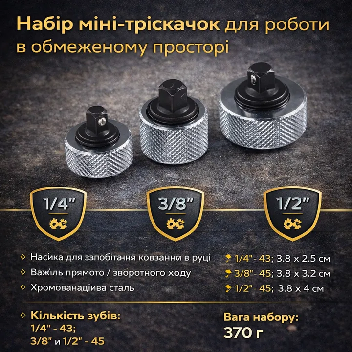 Набір дискових міні тріскачок 1/4", 3/8", 1/2" Cr-V, 3 шт