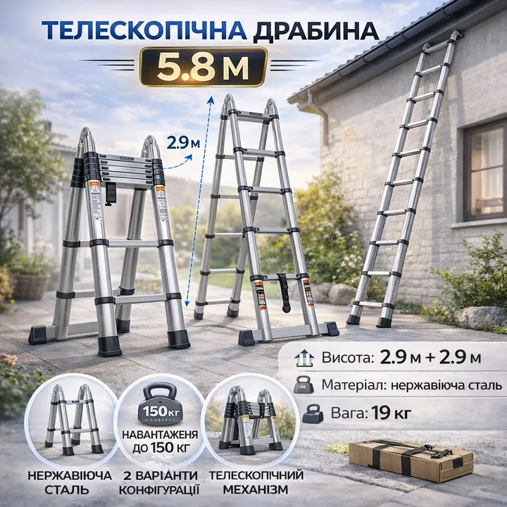 Драбина телескопічна 2.9м+2.9м, розкладна, нержавіюча сталь